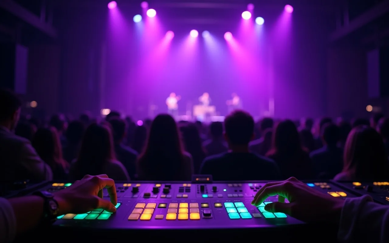 Lighting control console in front of a live stage