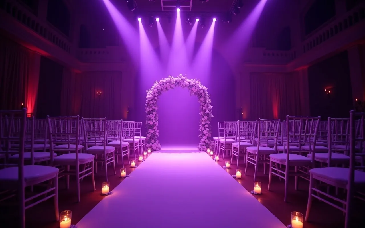 Wedding ceremony aisle lit with warm candles
