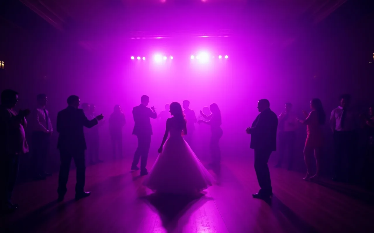 Wedding dance floor in violet and magenta light