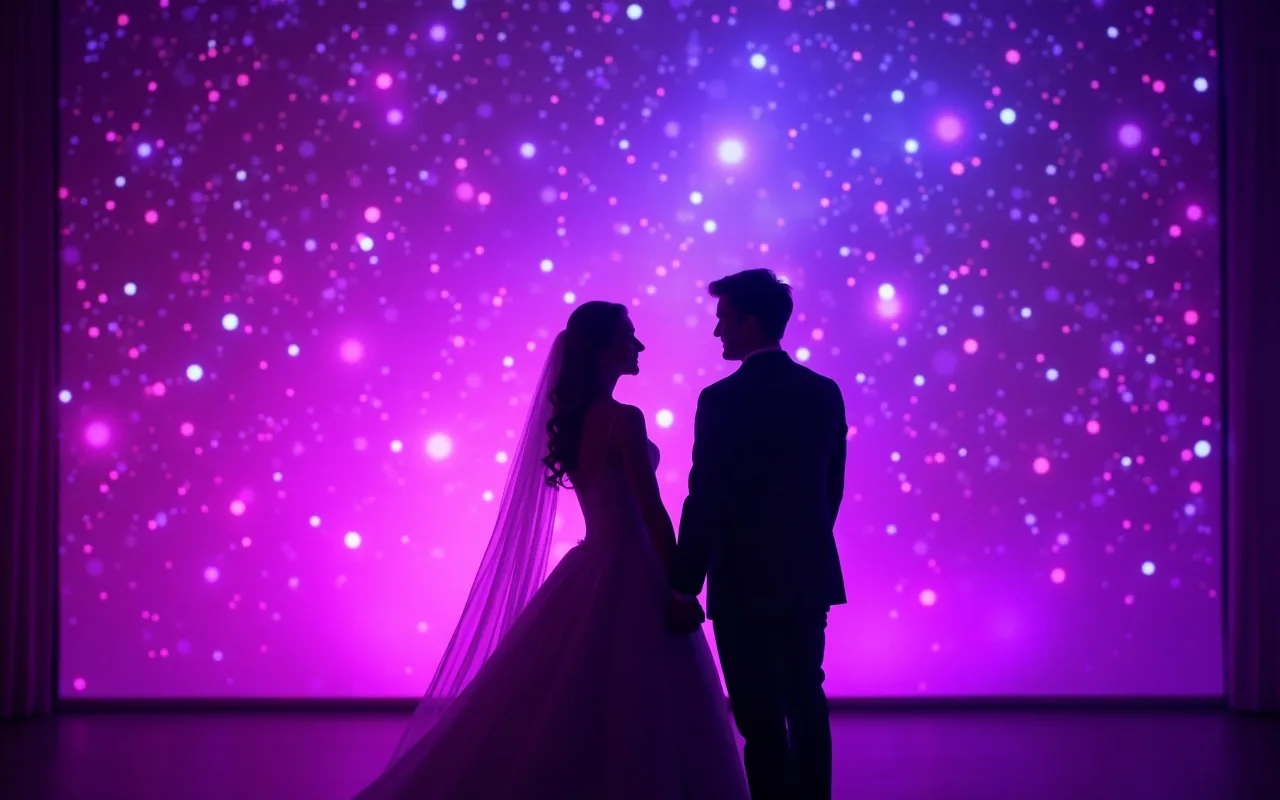 Couple in front of a starlit LED wall backdrop